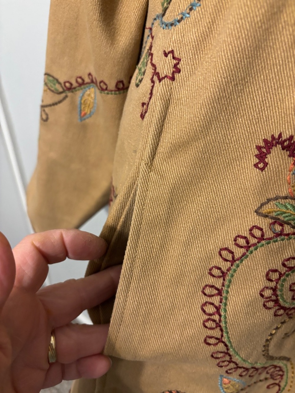 Denim & Co. Embroidered Tan Jacket with Brown Trim - Picture 11 of 13